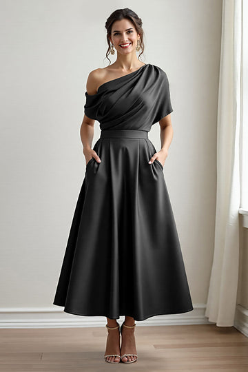 Black Satin A Line One Shoulder Long Mother Of The Bride Dress With Pockets